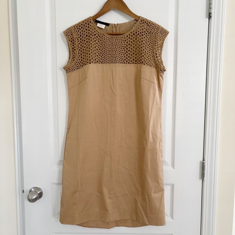 Les Copains Tan Eyelet Sleeveless Shift Dress Sz 44 Medium Office Minimalist